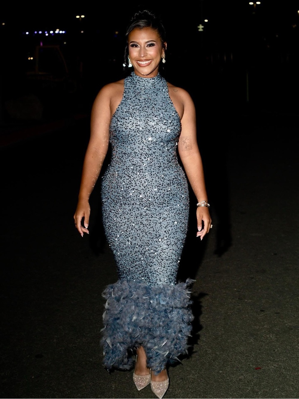 Sparkle Feather-Trim Halter Evening Dress - Blue